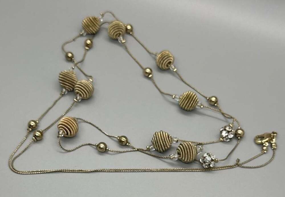 Gold Tone Long Station Necklace Coiled Spring Beehive and Rhinestone Beads Vtg - Picture 12 of 13